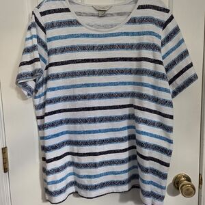 CJ Banks White Tee with Blue & Black Horizontal Stripes 1X cotton
